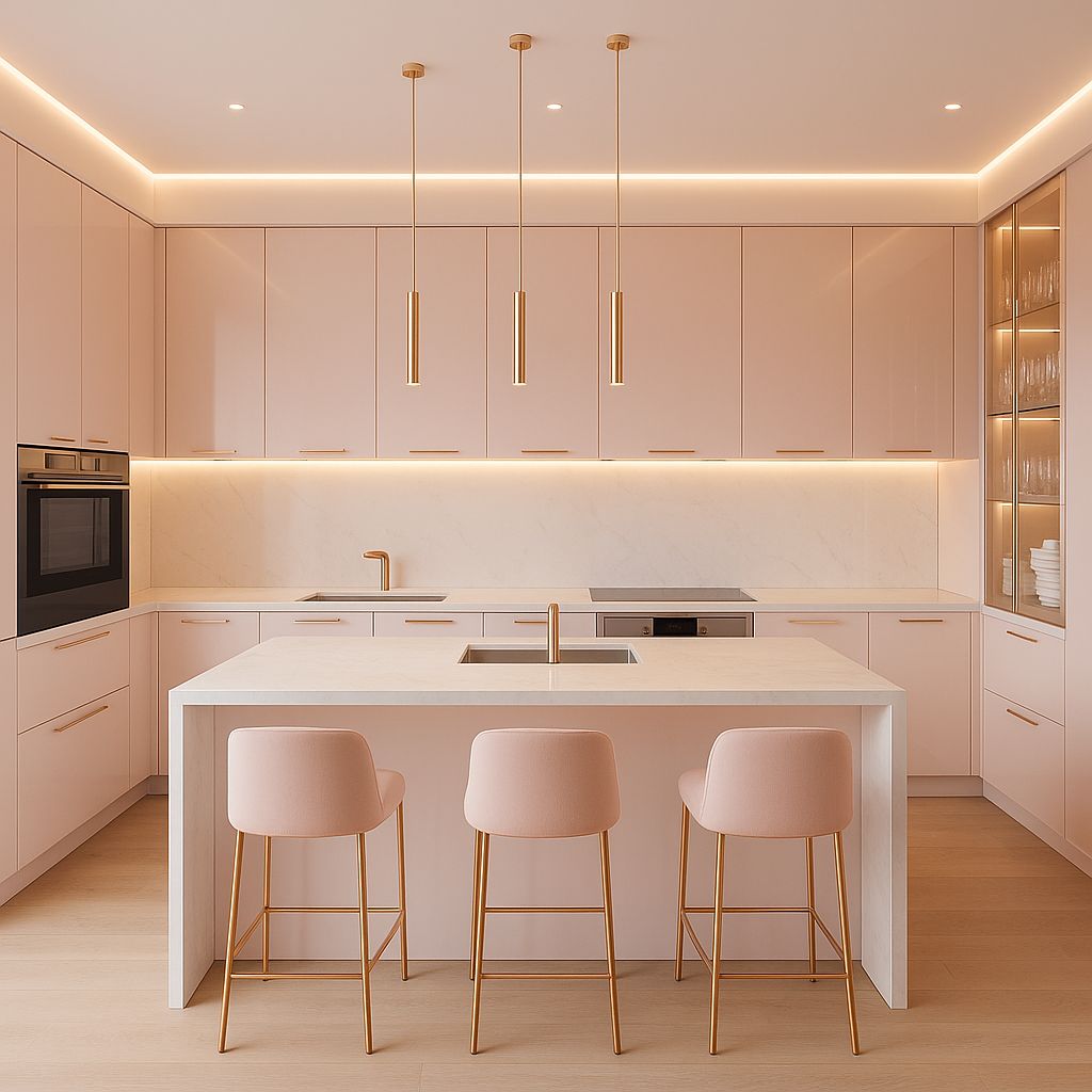 Abstract kitchen light and calm surfaces in soft pinks